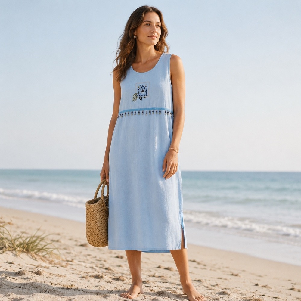 Light Blue Embroidered Midi Dress - Women